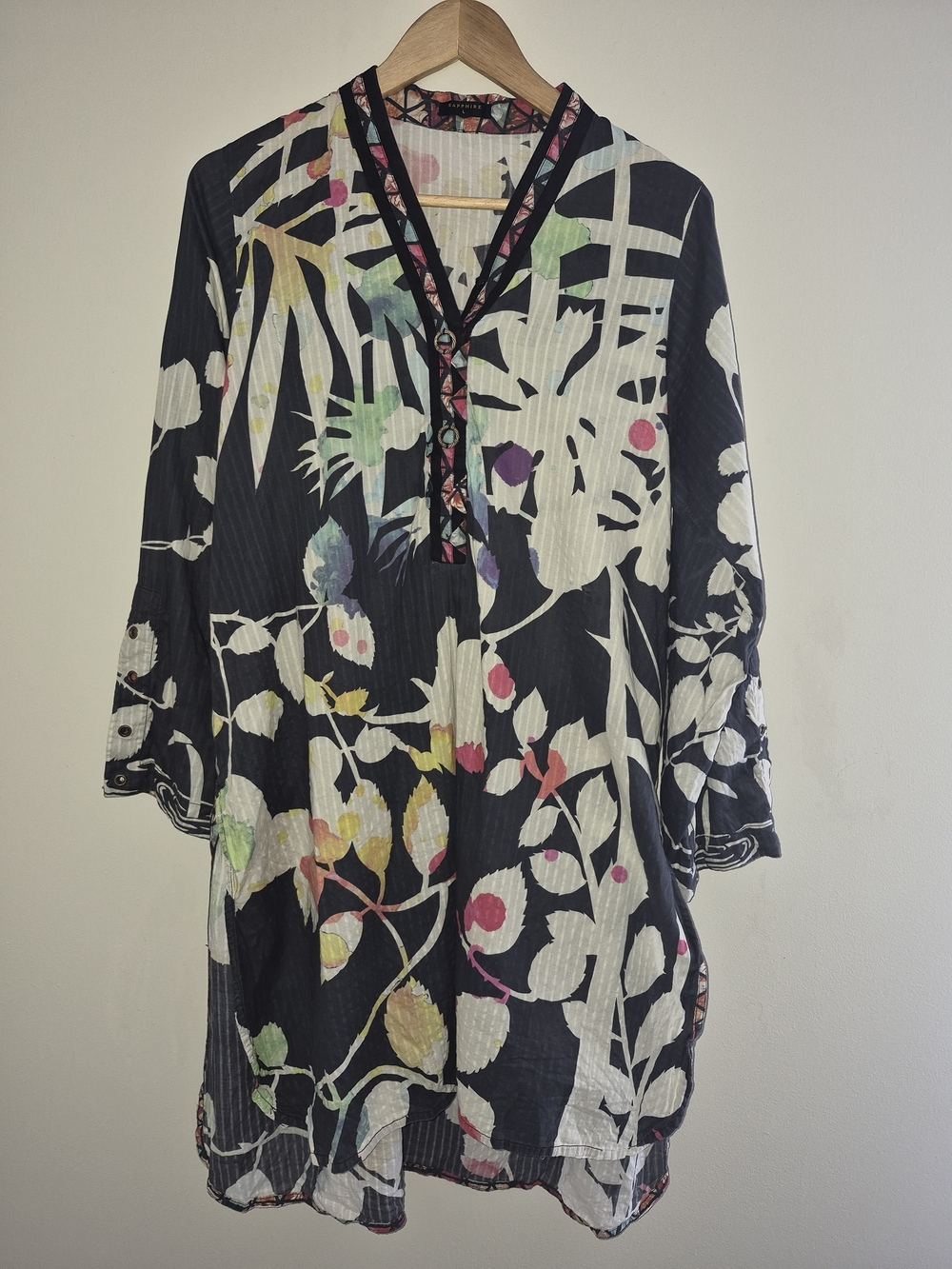 Sapphire Floral Tunic Blouse Size L – Lightweight Cotton Boho Top
